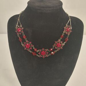 Red Rhinestone Filigree Statement Necklace Gunmetal Tone Victorian Gothic Style